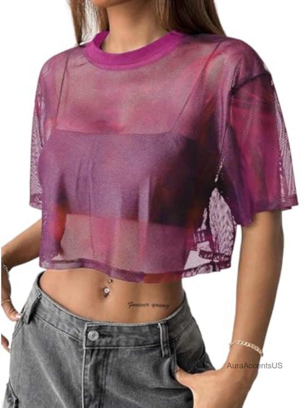 Sheer Mesh Crop Top Boxy Short Sleeve Blouse